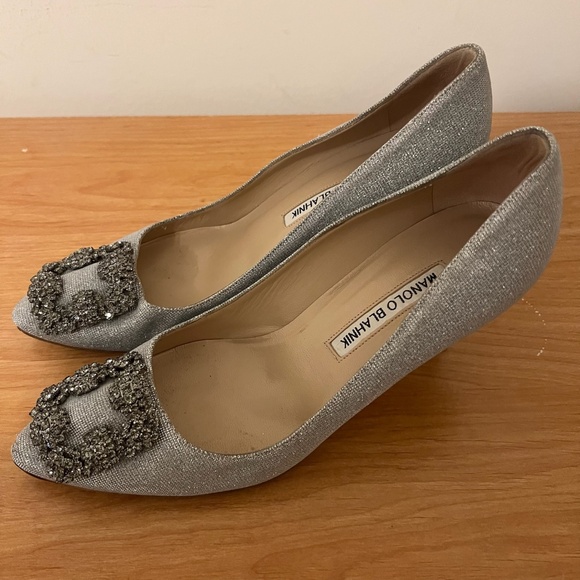 MANOLO BLAHNIK White Rhinestone Silver Metallic Woven Hangisi Jeweled heels 37 - Picture 3 of 10